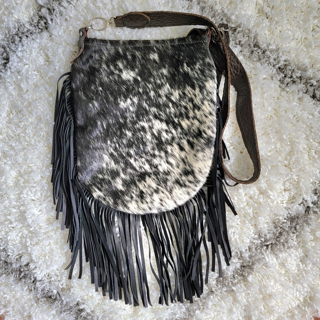 18. Handmade Hair On Hide Black Brown White Leather Fringe Crossbody Bag Purse